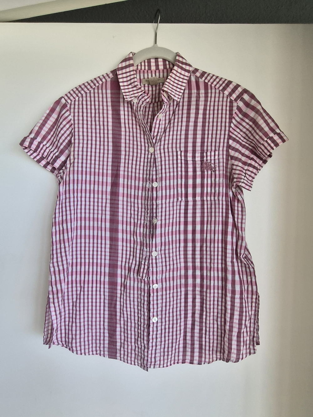 Burberry Pink & Plum Check Short Sleeve Button Down XXS
